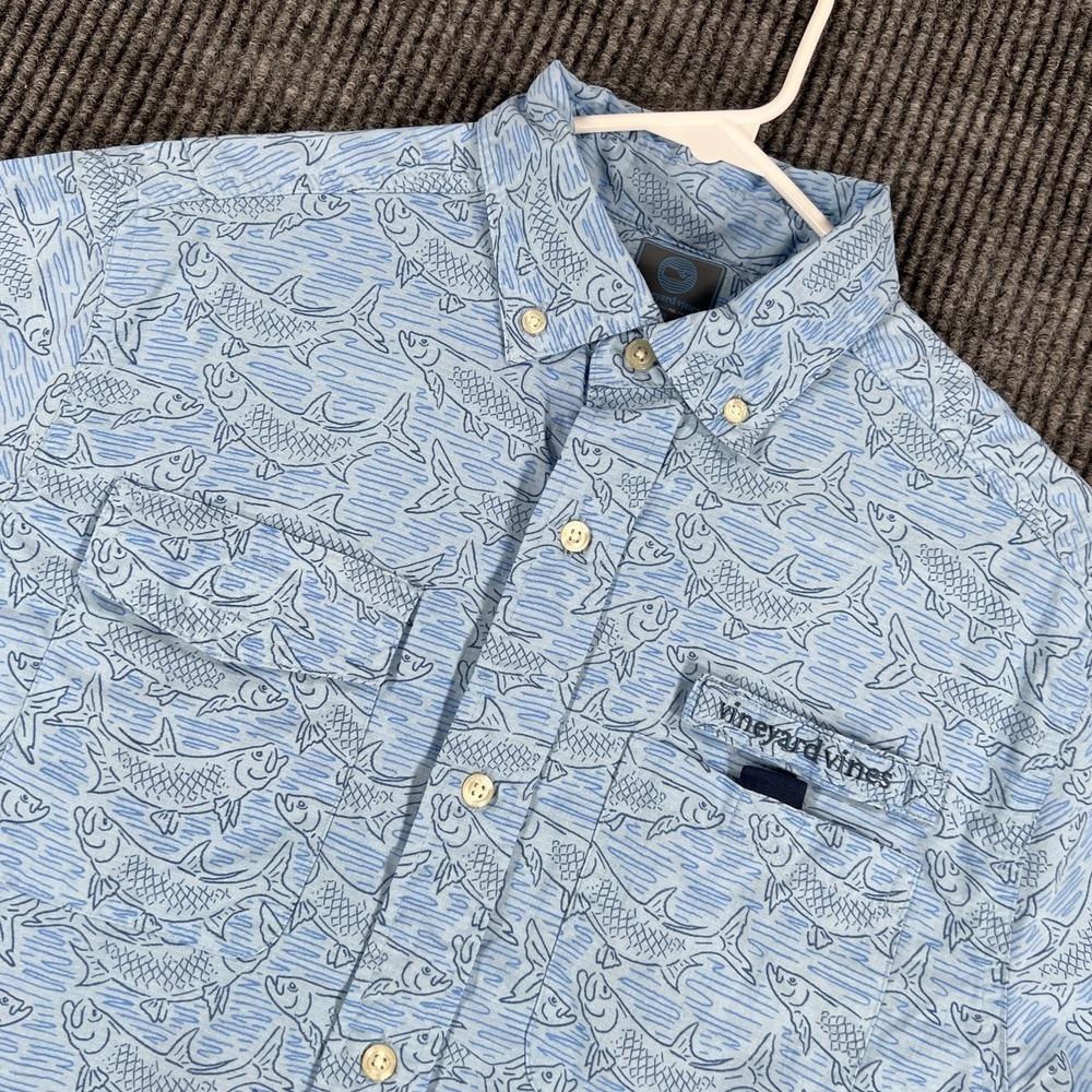 Vineyard Vines Harbor Shirt Button Down Mens XS Blue Fish Geometric Short Sleeve